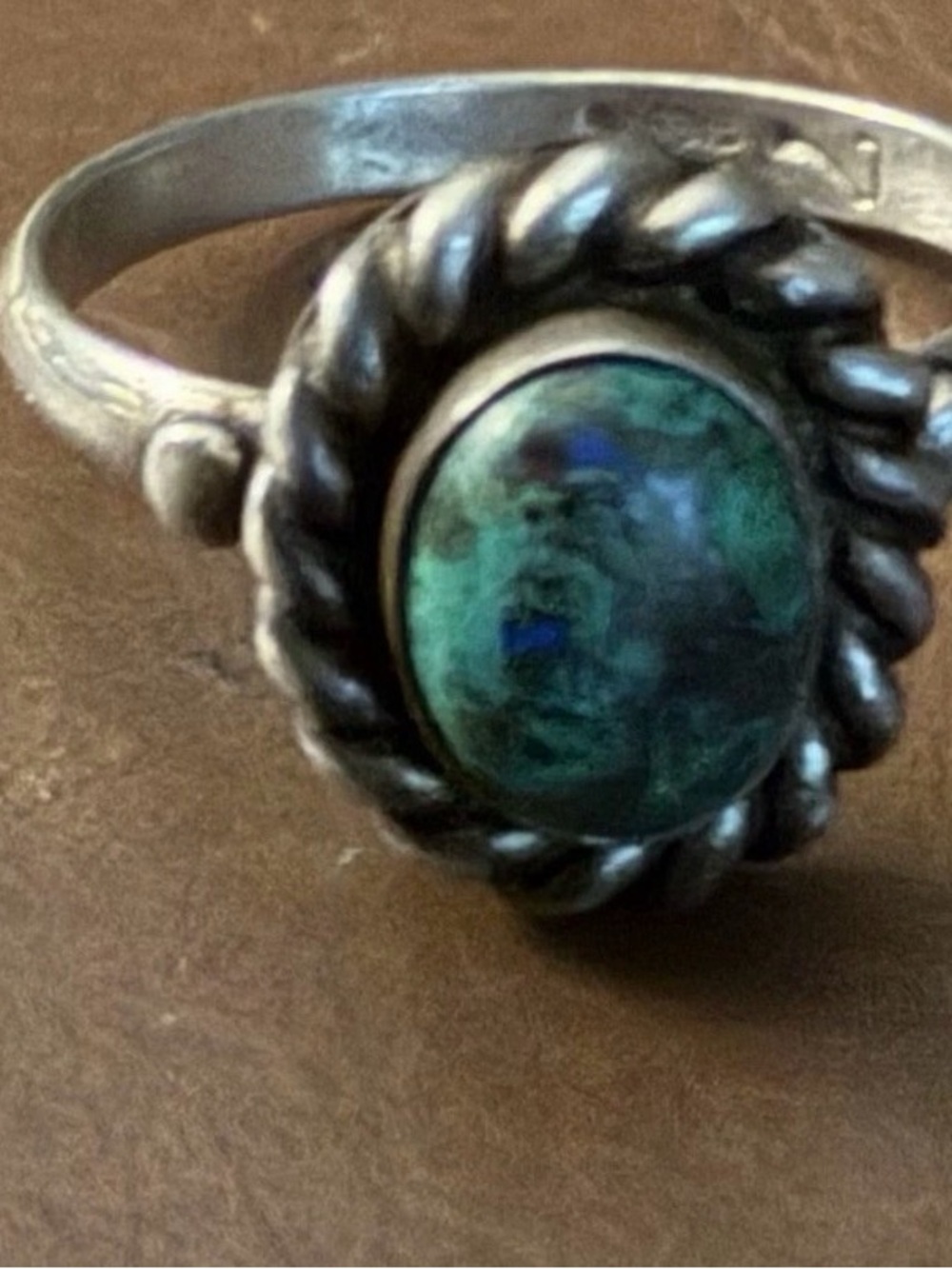 7 Ring w/ Large Green Turquoise Oval Stone Silver Rope Ring